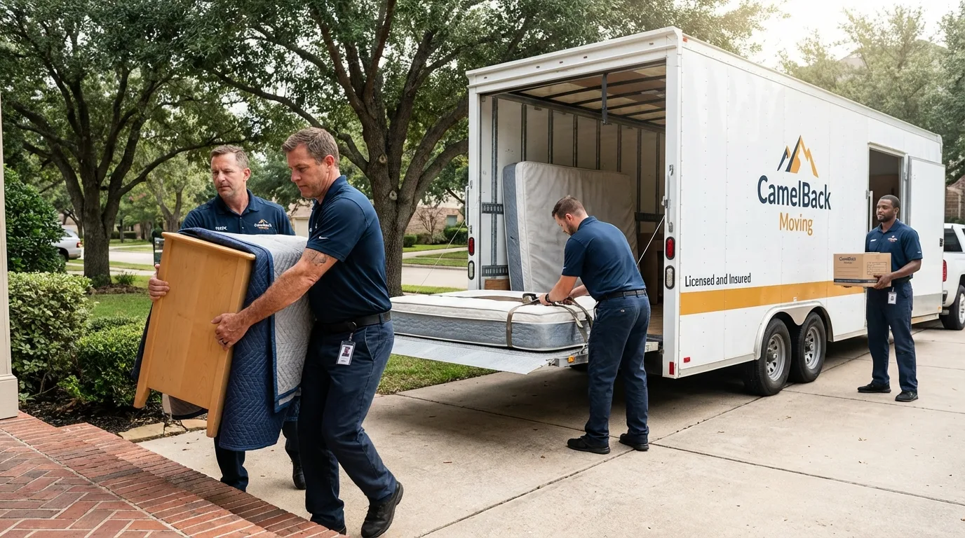 Crew loading residential truck for cross-state move from Bishop, TX