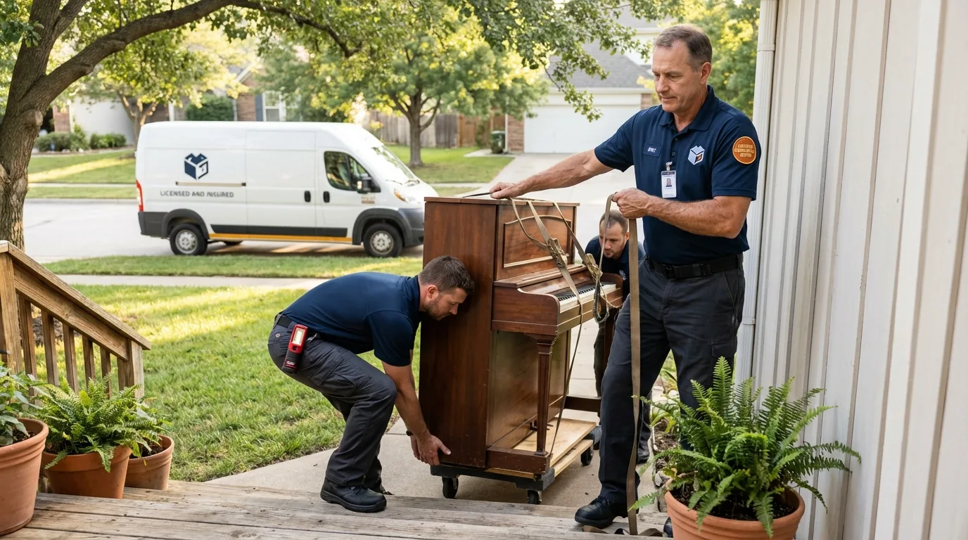 Licensed piano movers securing grand piano in Bishop, TX