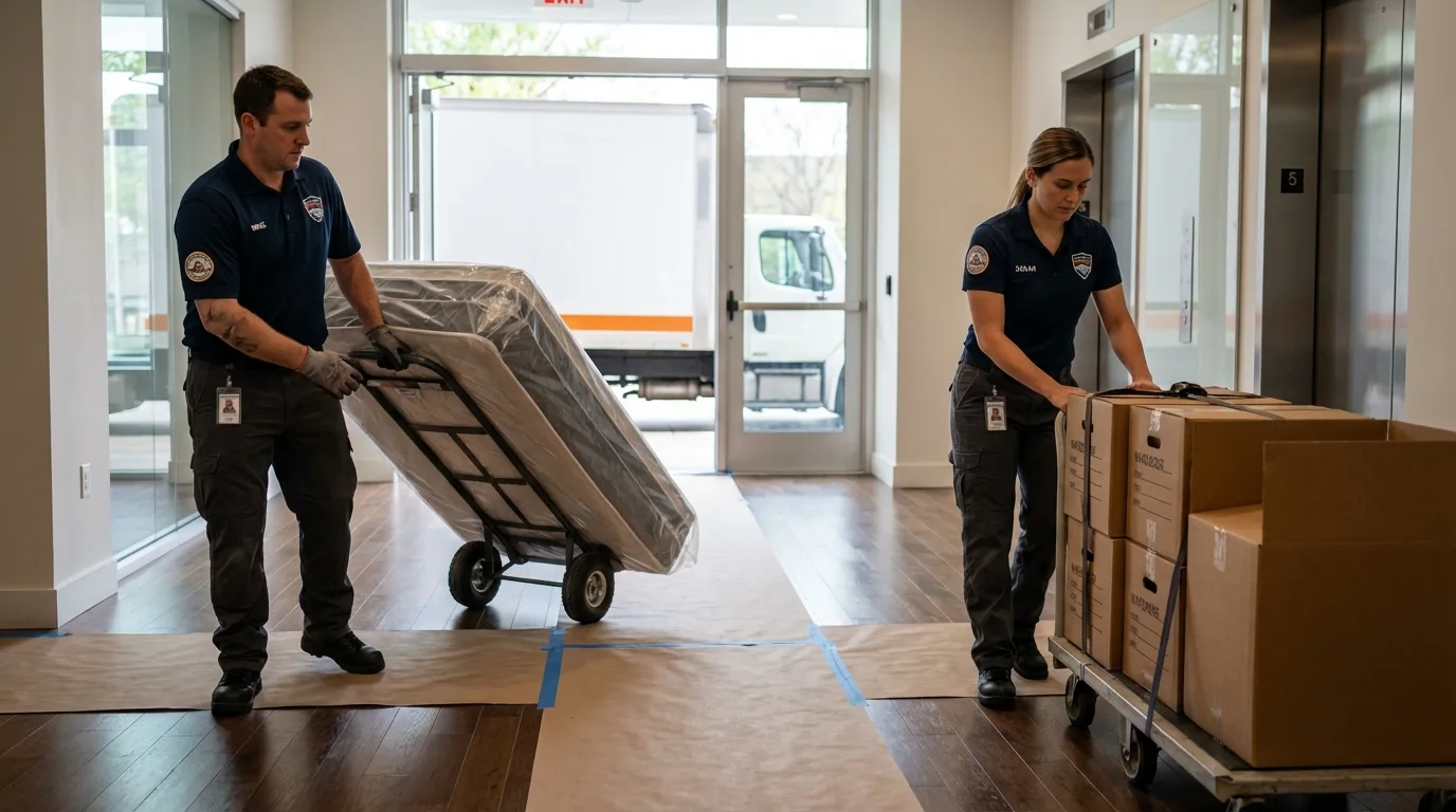 Professional apartment movers loading elevator in Bishop, TX