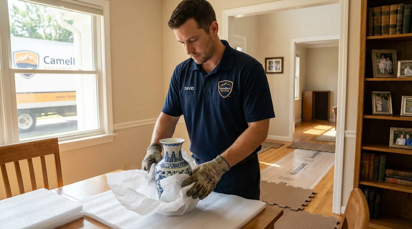 Professional crew carefully wrapping antique vase for senior downsizing move in Bishop, TX
